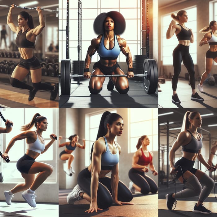 Empowering Muscle Women: Diverse Strength Training in Bright Gym