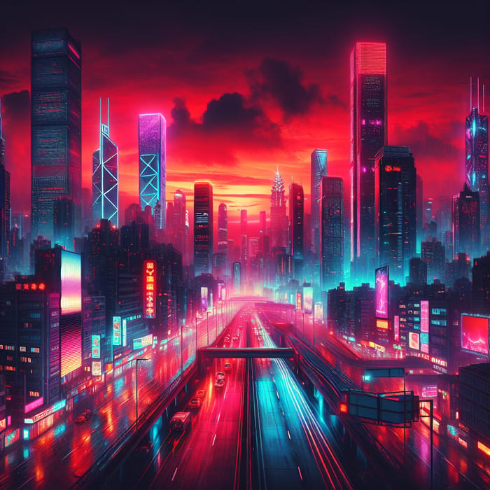 Cyberpunk Cityscape Under Red Night Sky - Futuristic Urban Metropolis