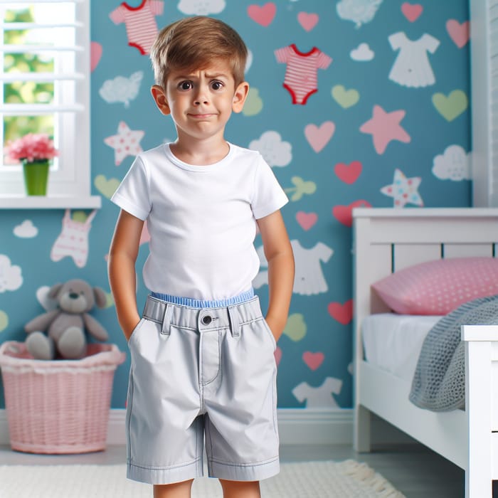 Confused 8-Year-Old Boy in Brightly Lit Bedroom | Child's Playful Scene