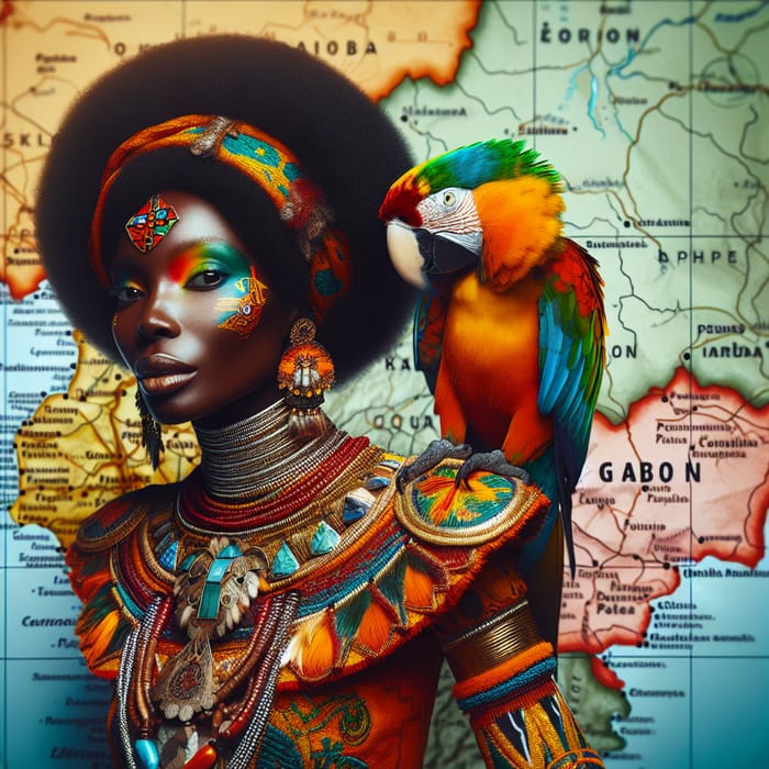 Traditional Gabonese Woman with Parrot and Map