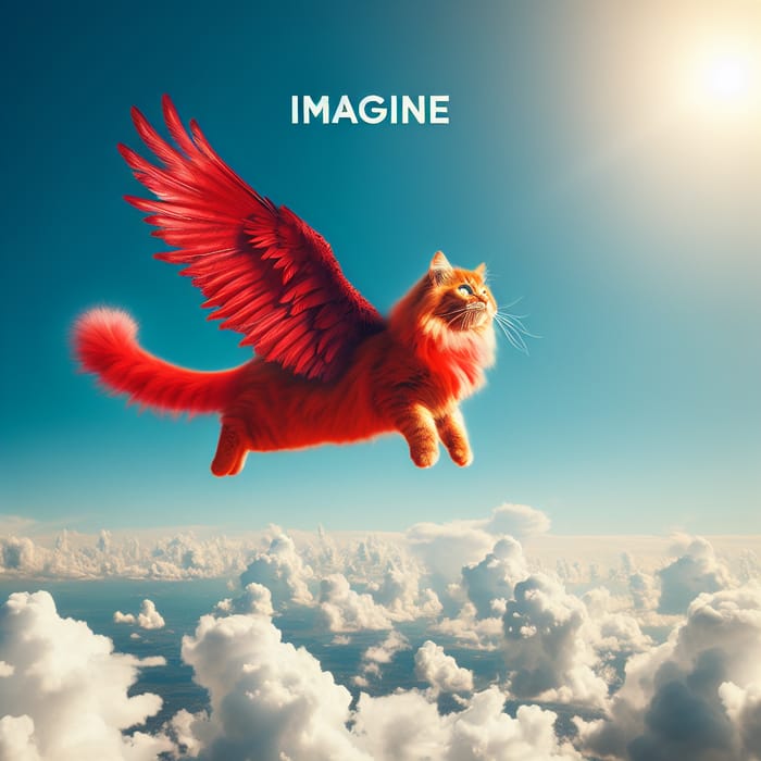 Vibrant Red Cat Flying in Sky