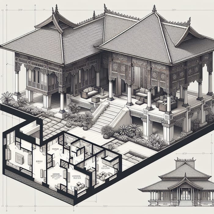 Manggarai Architectural Blueprint with Joglo Roof and Roman Columns