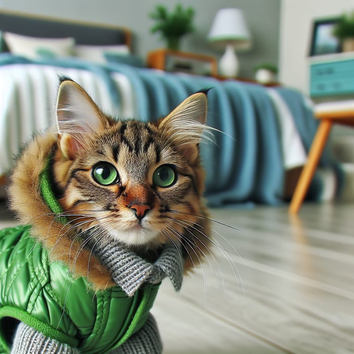 Stylish Green Coat Adorned by Cat