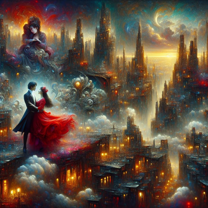 Surreal Twilight Cityscape with Passionate Lovers | Fantasy & Reality Art