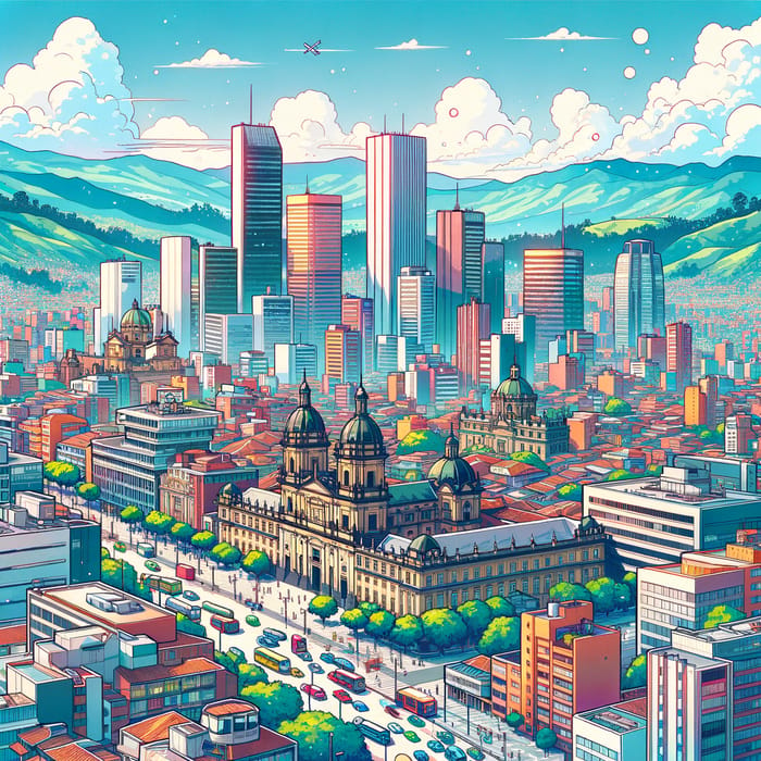 Anime-Style Bogotá Cityscape Illustration with Vibrant Colors