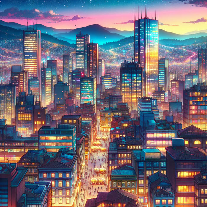 Anime-Style Bogotá Cityscape: Vibrant Sunset & Urban Life