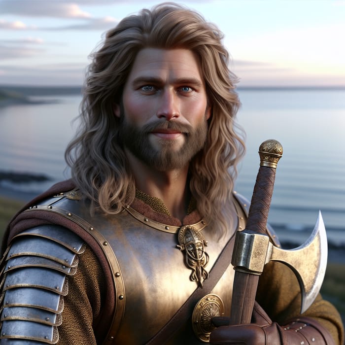 30-Year-Old Viking Warrior in Golden Armor with Axe at Sunset