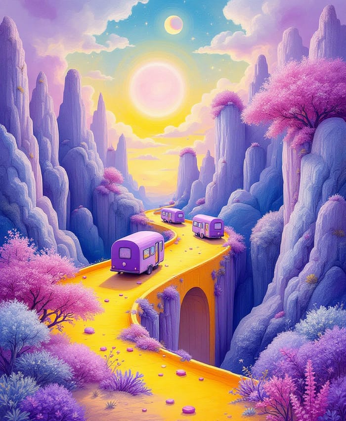 Surreal Yellow Bridge with Lilac Caravans Surreal Yellow Bridge with Lilac Caravans