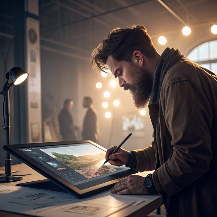 Digital Artistry: Bearded Model on Graphics Tablet