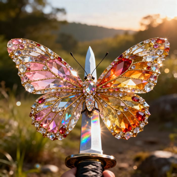 Majestic Gemstone Butterfly on Japanese Katana Majestic Gemstone Butterfly on Japanese Katana