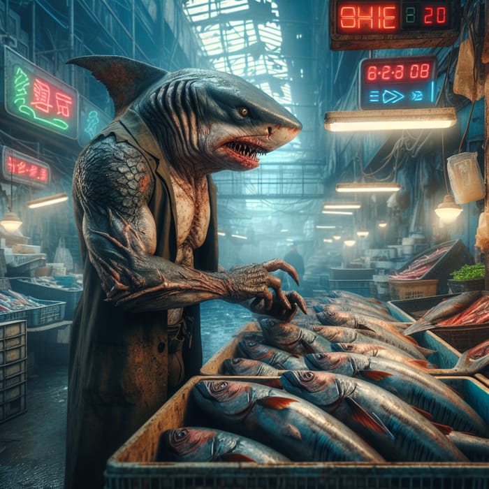 Grimey Shark-Humanoid Selling Fresh Fish in Futuristic Market