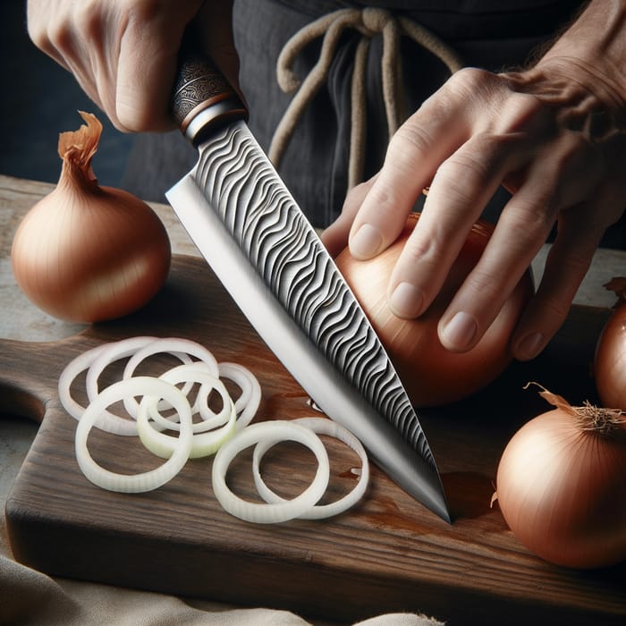 Handcrafted Nakiri Knife Slicing Onion