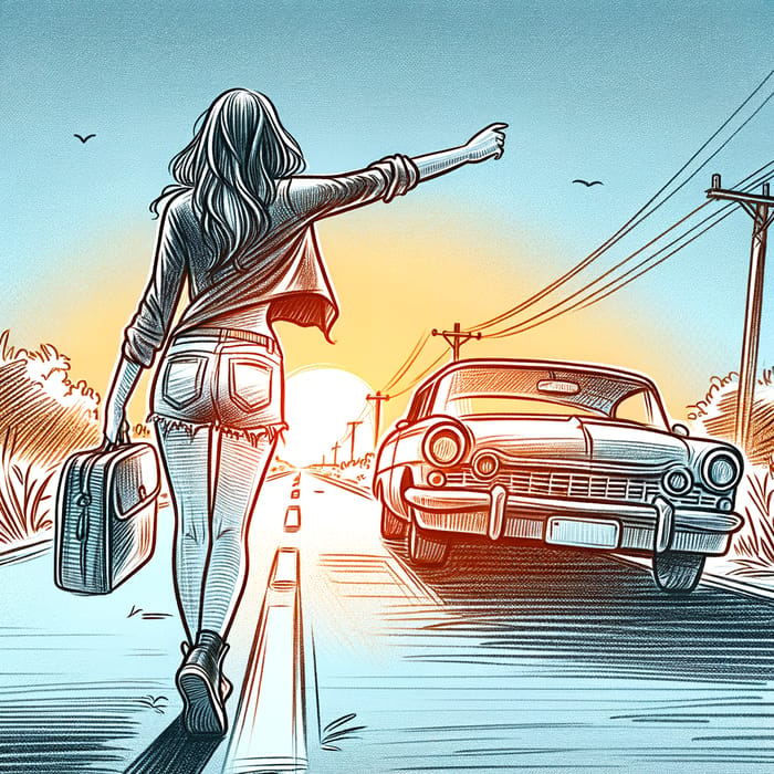 Woman Hitchhiking on the Road Drawing | Artwork