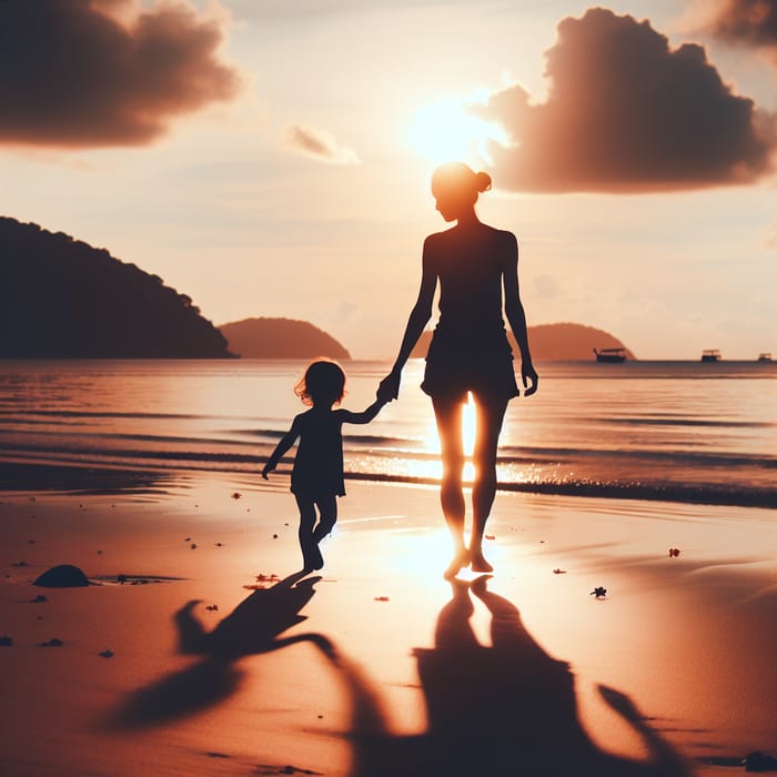 Woman and Toddler Walking on the Beach Silhouette