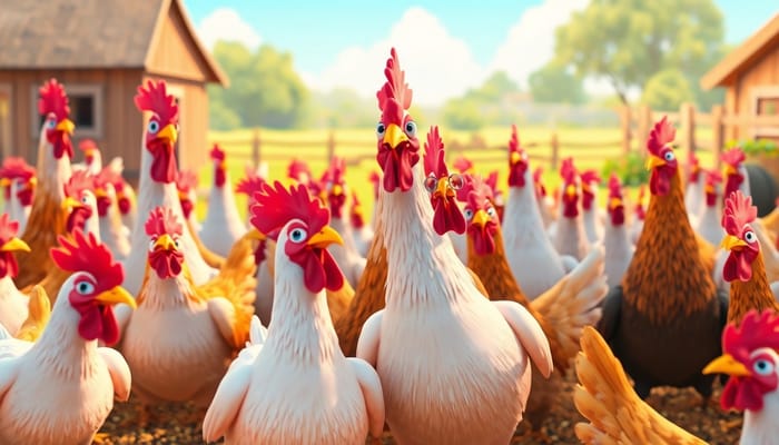 Vibrant 3D Cartoon Farm with Whimsical Hens