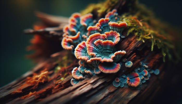 Intricate Details of Colorful Fungal Growth on Tree Bark