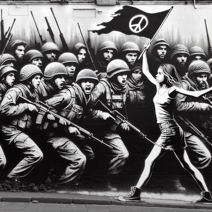 Powerful Mural: Lady with Peace Flag Confronts Military