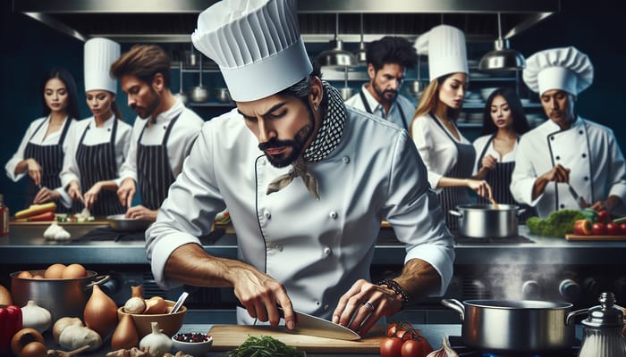 Professional Chef Crafting Culinary Masterpiece in Vibrant Kitchen Scene