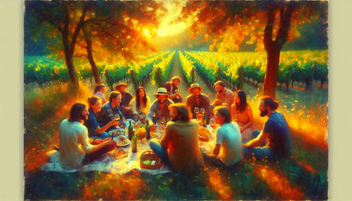 Impressionist Picnic in Verdant Vineyard - Vibrant Gathering