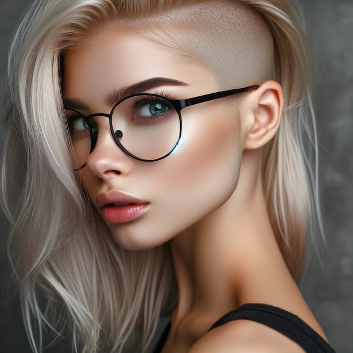 Blond Woman with Green Eyes, Black Glasses & Shaved Nape