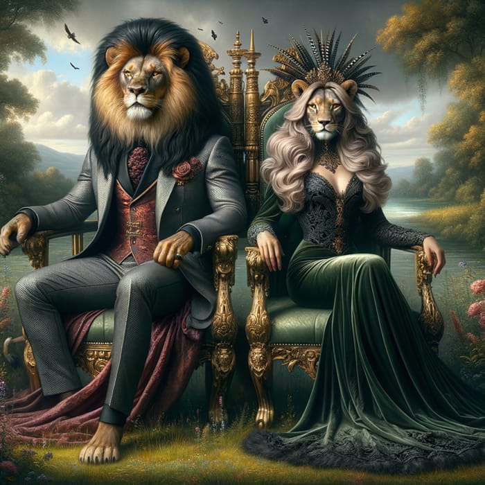 Regal Alpha Male Lion & Lioness Art | Nature Fantasy