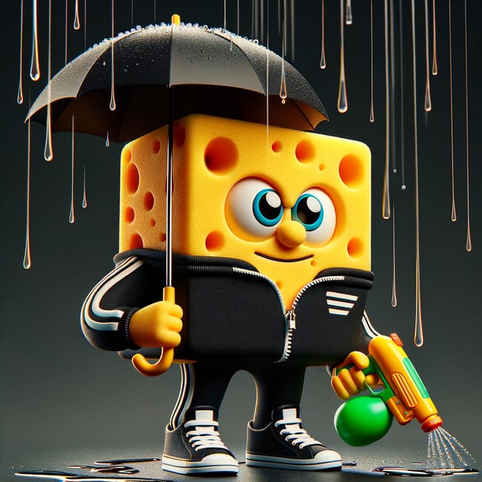 Spongebob in Adidas Black Tracksuit with Pistol on Rainy Day