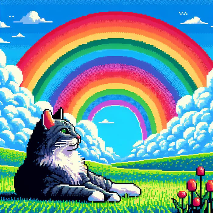 Pixelated Cat Under a Rainbow - Charming Scene