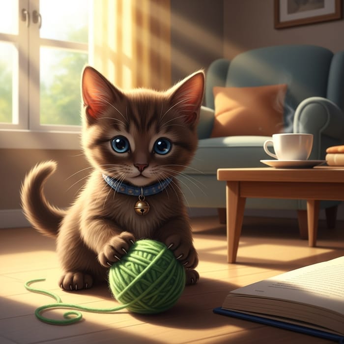 Adorable Young Kitten Playing with Green Wool in Cozy Setting