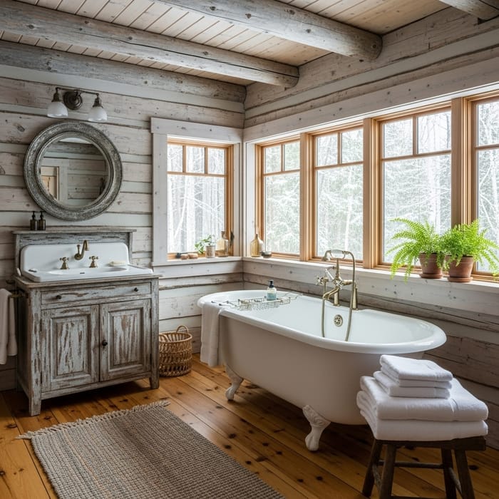 Rustic Log Cabin Bathroom with Vintage Tub & Panoramic Windows Rustic Log Cabin Bathroom with Vintage Tub & Panoramic Windows