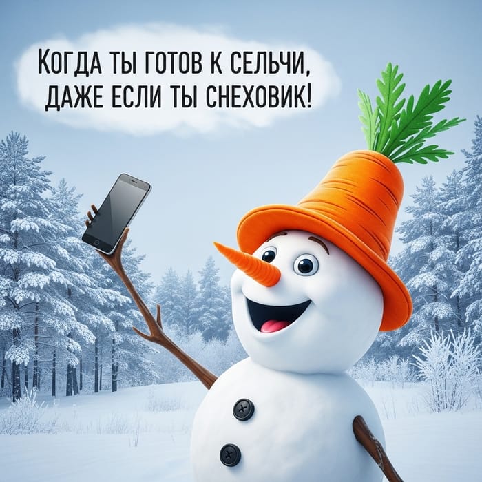 Snowman Selfie: Winter Self-Portrait in a Funny Carrot Hat Snowman Selfie: Winter Self-Portrait in a Funny Carrot Hat