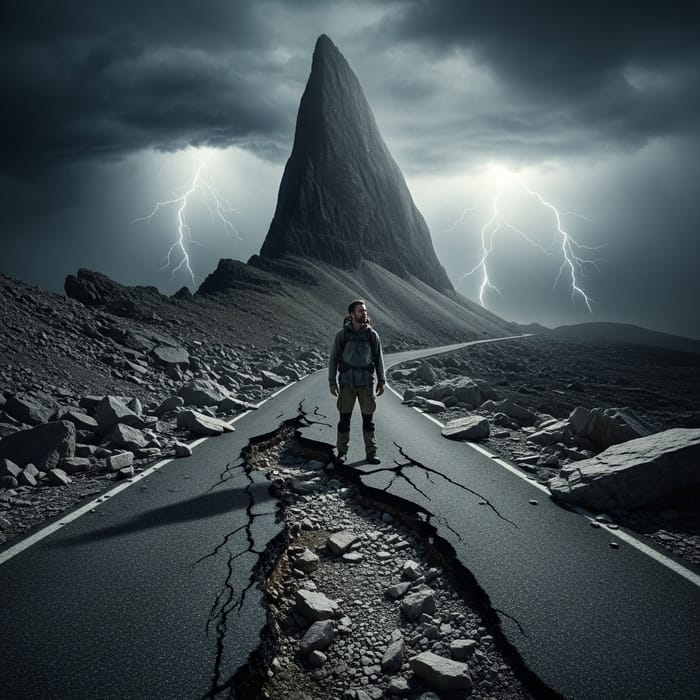 Man on Edge of Perilous Road with Jagged Rock Formation Man on Edge of Perilous Road with Jagged Rock Formation