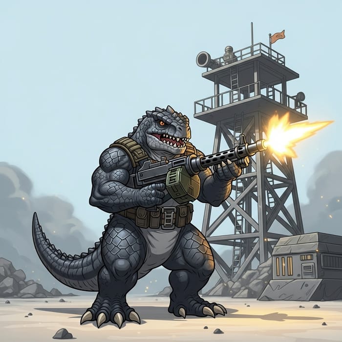 Cartoon Godzilla with machine gun targeting MAG Cartoon Godzilla with machine gun targeting MAG