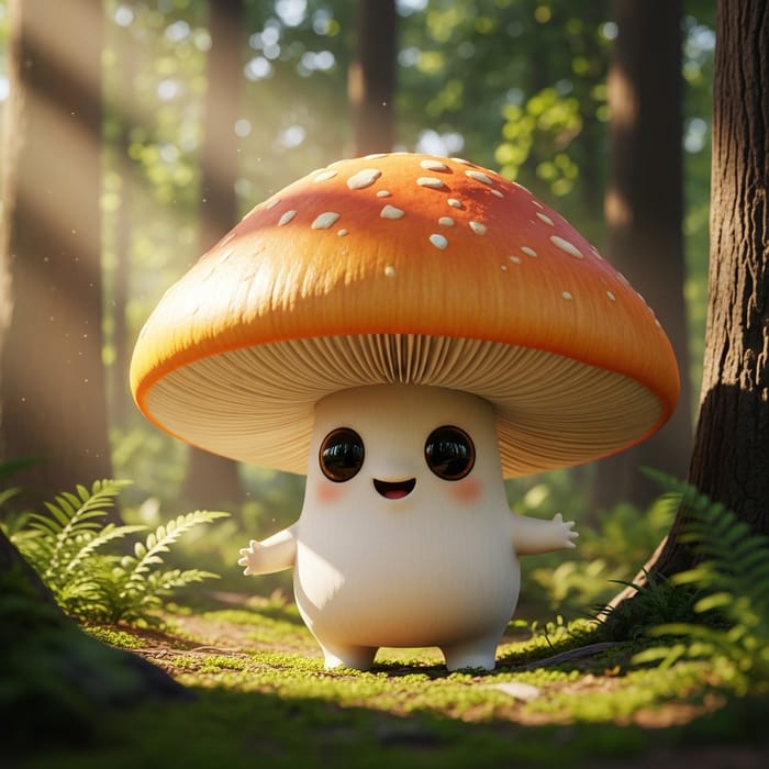 Adorable Mushroom with Big Eyes and Smiling Face in Enchanted Forest Scene Adorable Mushroom with Big Eyes and Smiling Face in Enchanted Forest Scene