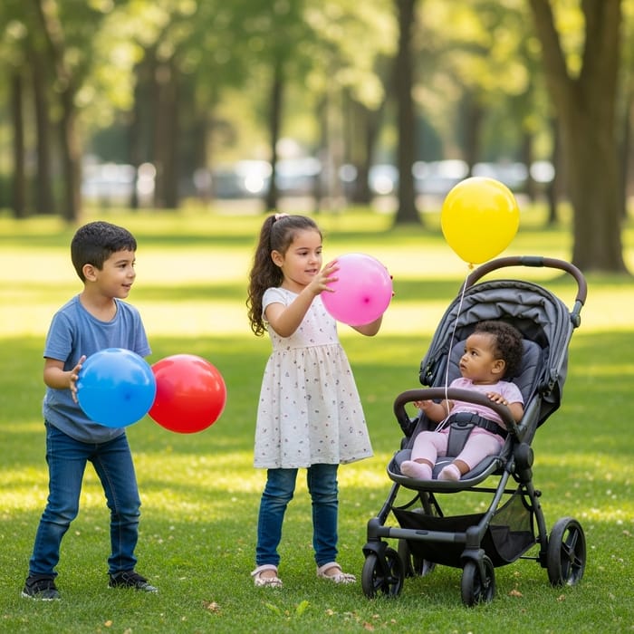 Siblings Play in Park with Balloons - Joyful Outdoor Activity