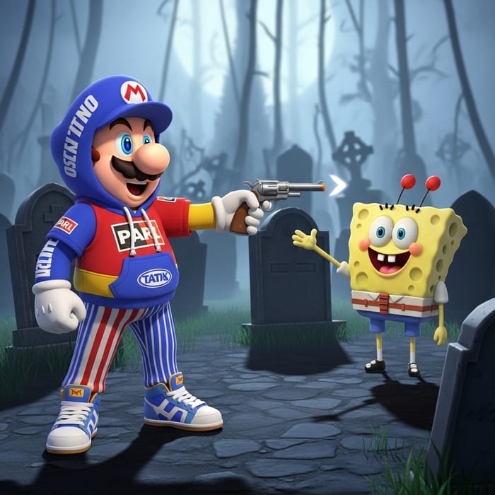 Mario Bros Nike Adidas Outfit Aim Toy Gun at Spongebob in Cemetery