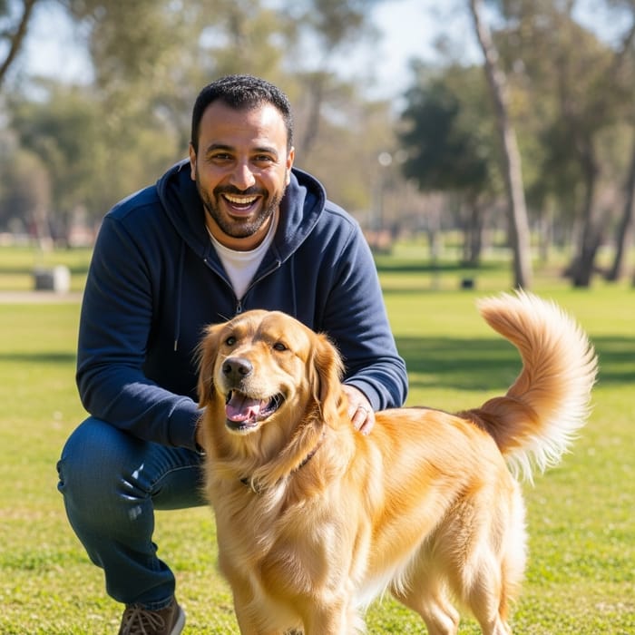 Happy Man with Dog in Park Happy Man with Dog in Park