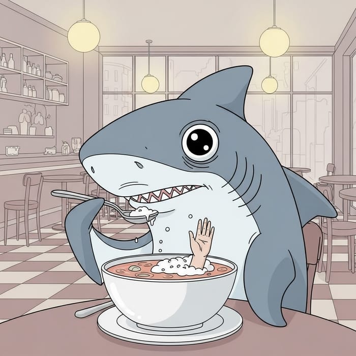 Menacing Shark Devouring Human Hand Soup in Bistro | Cartoon Illustration Menacing Shark Devouring Human Hand Soup in Bistro | Cartoon Illustration