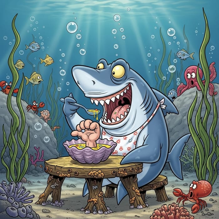 Funny Shark Cartoon Eating Soup with Human Hand