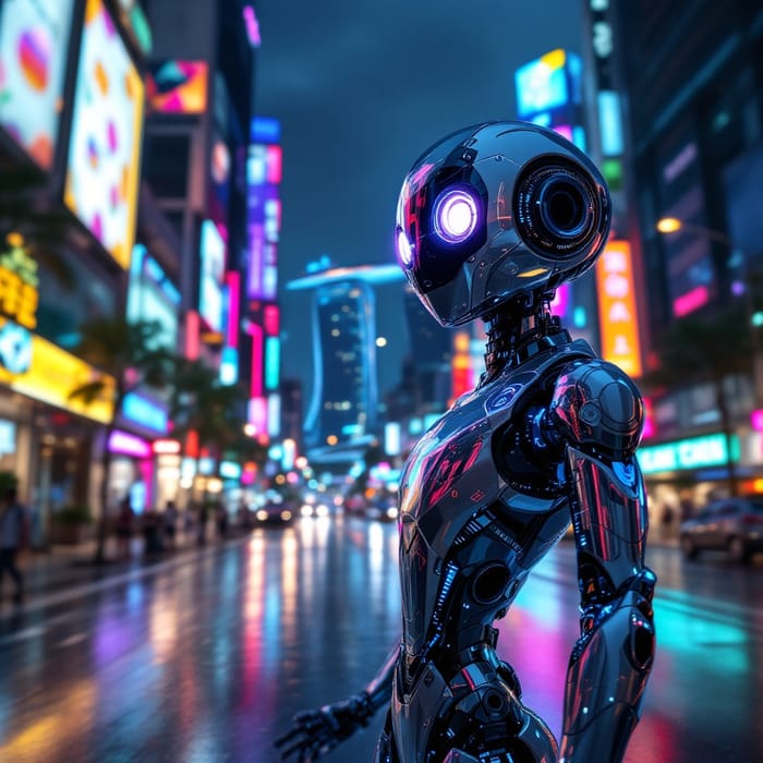 Futuristic Robot in Singapore's Neon Streets