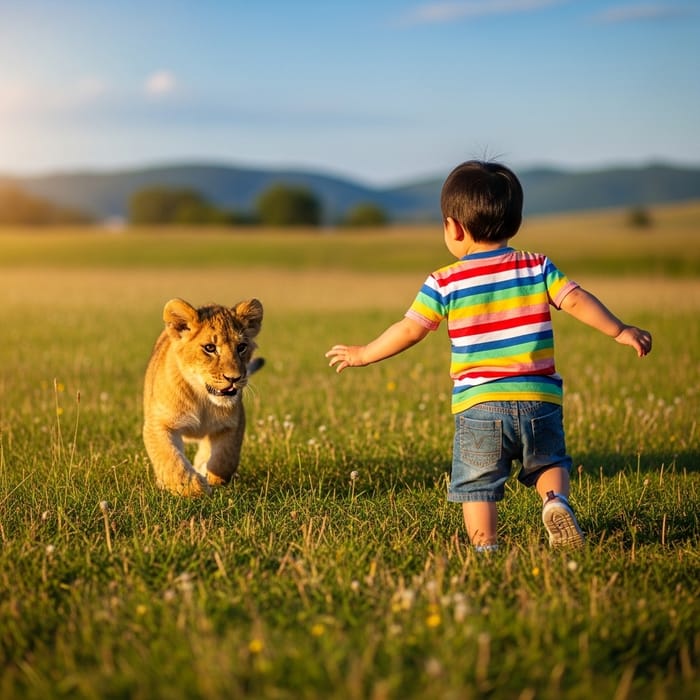 Adorable Baby Boy Playfully Chasing a Lion