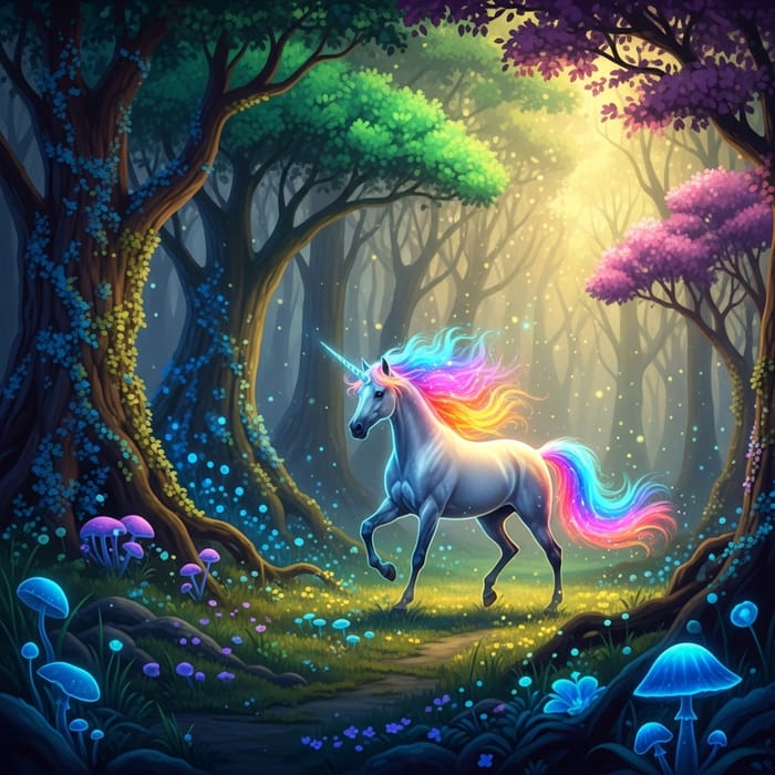 Mystical Unicorn in Vibrant Dreamlike Forest Setting | Fantasy-Inspired Scene