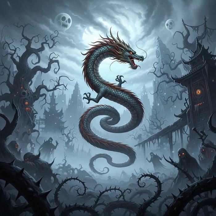 Eerie Chinese Dragon against a Spooky Backdrop Eerie Chinese Dragon against a Spooky Backdrop