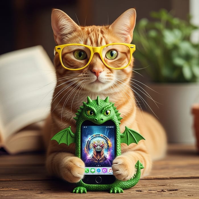 Cat in Yellow Glasses with Dragon Smartphone