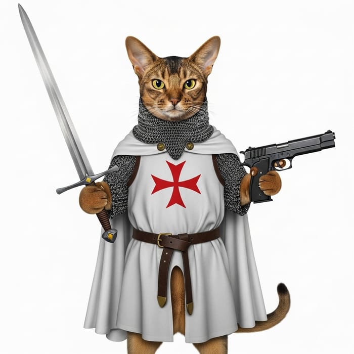 Abyssinian Cat in Chain Armor & Templar Cape with Sword & Gun