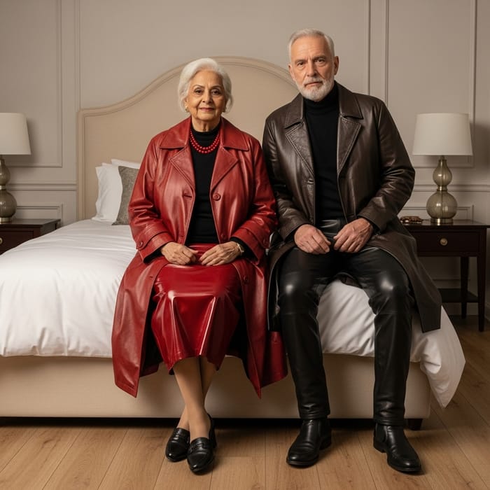 Stylish Elderly Couple Showcasing Leather Attire in Luxury Bedroom Stylish Elderly Couple Showcasing Leather Attire in Luxury Bedroom