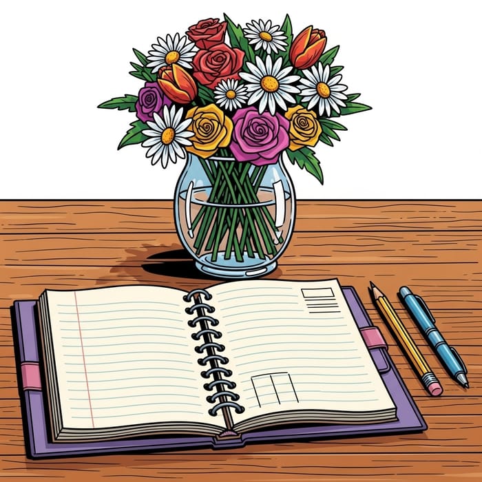 Lavender Spiral Journal with Pencil, Pen, and Flowers on Table