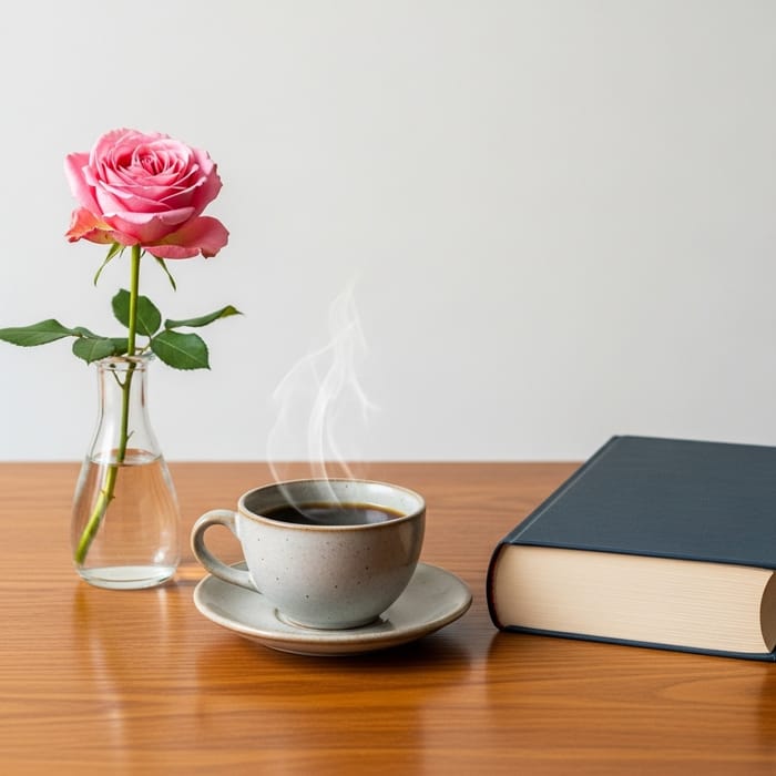Stylish Coffee Cup, Open Book, and Red Rose on Table Stylish Coffee Cup, Open Book, and Red Rose on Table