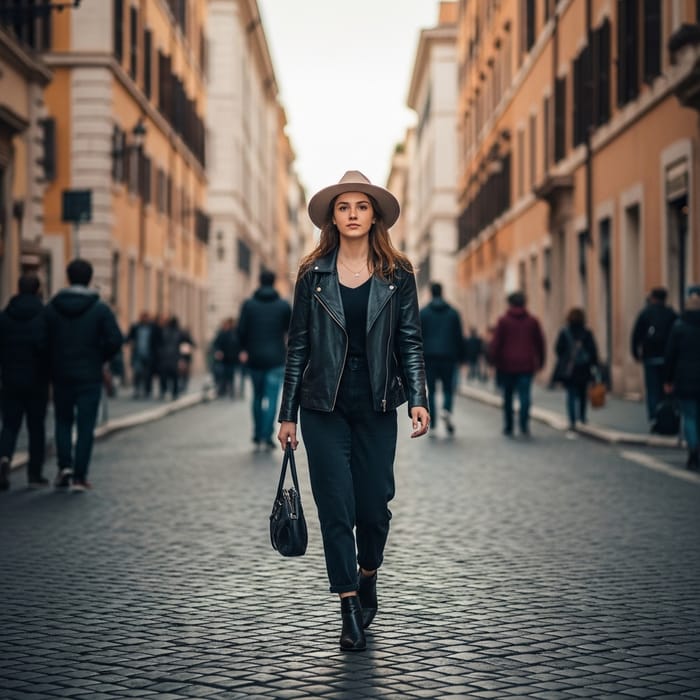 Elegant Hypermaximalist Street Scene with a Beautiful 19-Year-Old Woman in Rome