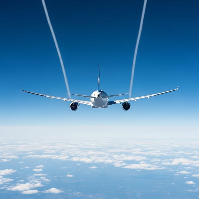 Aerial Plane Flying in Blue Sky Aerial Plane Flying in Blue Sky