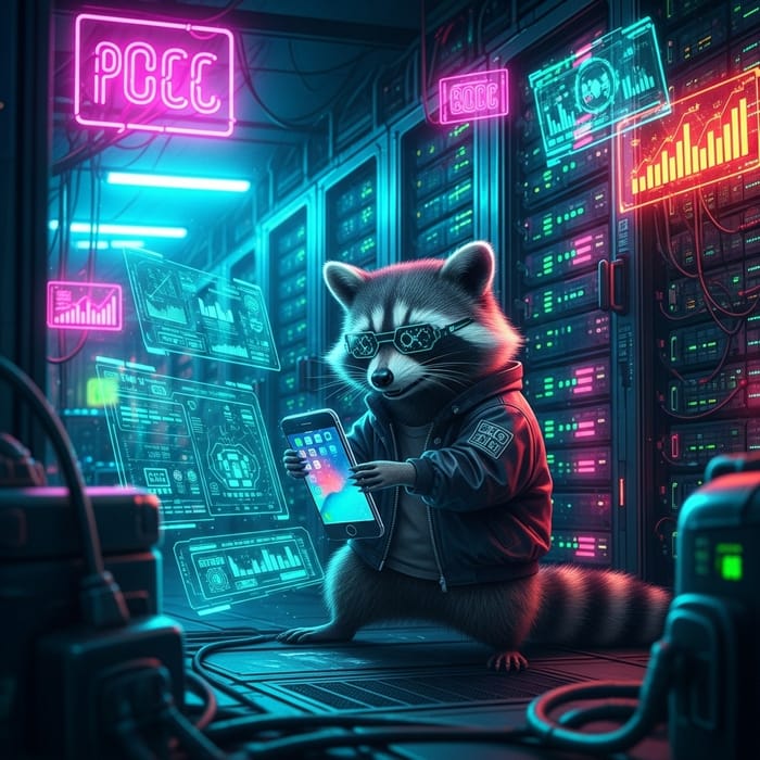 Futuristic Cyber Data Center with Raccoon in Hacker Jacket Futuristic Cyber Data Center with Raccoon in Hacker Jacket